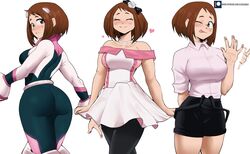 1girls ass blush brown_eyes brown_hair cute echosaber female female_only hero_outfit_(mha) large_breasts looking_at_viewer my_hero_academia ochako_uraraka shounen_jump smile solo tight_clothing tongue_out white_background wink rating:Explicit score:551 user:-Asta-