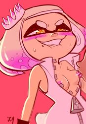 1girls 2018 biting_lip blush breasts breasts_out crown inkling iseenudepeople licking_nipples nintendo pearl_(splatoon) splatoon splatoon_2 sucking_nipples sweat white_hair yellow_eyes zipper_down rating:Explicit score:98 user:RatherNotSay