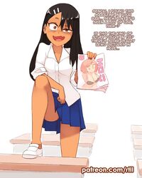 1girls alternate_breast_size blush bra breasts brown_eyes cleavage clothed earrings female female_only green_eyes hands_behind_back hayase_nagatoro large_breasts looking_at_viewer magazine one_eye_half-closed one_leg_up open_mouth please_don't_bully_me,_nagatoro porn_magazine raised_eyebrow rtil school_desk school_uniform shirt skirt smile solo tan text rating:Questionable score:152 user:Zomdra