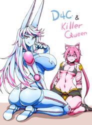 2021 2girls ass big_ass big_breasts blue_skin bra breasts cat_ears diamond_is_unbreakable dirty_deeds_done_dirt_cheap duo female hair hi_res highres huge_breasts jojo's_bizarre_adventure killer_queen long_hair looking_at_another looking_at_viewer looking_back mannungei pink_body pink_eyes pink_thong rule_63 stand_(jjba) steel_ball_run sweat thong rating:Questionable score:405 user:Shmivi