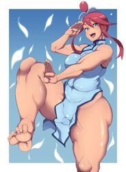 1girls alternate_breast_size barefoot big_breasts blue_eyes breasts chinese_clothes eye_contact feet female huge_breasts huge_thighs long_hair looking_at_viewer muscular_female nintendo oryuto pokemon pokemon_bw red_hair skyla_(pokemon) venus_body voluptuous wide_hips rating:Questionable score:95 user:Bikuta69