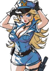 1girls adjusting_clothes adjusting_hat arms_up belt big_breasts black_belt black_gloves blonde_hair blue_eyes breasts cap cleavage clothing colored_sketch cowboy_shot crown curvaceous curvaceous_body curvaceous_female curvaceous_figure curvy curvy_body curvy_female curvy_figure earrings enmanuelart20 facing_viewer female female_focus female_only gloves gun gun_holster handcuffs hat hourglass_figure jewelry lipstick long_hair looking_at_viewer mario_(series) medium_breasts mini_crown necklace neckwear nintendo outfit parted_lips peaked_cap pink_lips pink_lipstick pistol plain_background pocket pockets police police_hat police_officer police_uniform policewoman pose princess_peach radio revealing revealing_clothes royalty shorts simple_background sketch skimpy skimpy_clothes solo solo_female solo_focus standing uniform very_long_hair voluptuous voluptuous_female walkie_talkie white_background rating:Questionable score:183 user:QuarioSmith