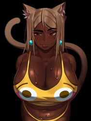 1girls blonde_hair blush breasts brown-haired_catgirl_(kevbot) catgirl cleavage clothed clothing dark-skinned_female dark_skin emoji female female_only huge_breasts kevbot mature_female milf navel original partially_clothed smile solo standing sweat rating:Questionable score:188 user:justausername