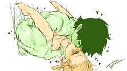 1boy 1girls barefoot blonde_hair blush bottomless completely_nude embrace fakeryway female female_penetrated grabbing green_hair green_skin half-closed_eyes happy happy_sex heart himiko_toga hug izuku_midoriya kissing kissing_while_penetrated legs_up light-skinned_female light_skin looking_at_partner looking_pleasured mating_press messy_hair motion_lines my_hero_academia no_bra no_panties pleasure_castle pleasure_face rough_sex sex short_hair shounen_jump straight thrusting toes topless white_background yellow_eyes rating:Explicit score:445 user:Everyday_Degenerate