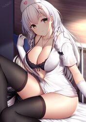 1girls azur_lane bra breasts cleavage female gloves hermione_(azur_lane) highres long_hair looking_at_viewer nurse nurse_uniform sitting thighhighs thighs twin_braids white_hair wsman yellow_eyes rating:Questionable score:161 user:AutumnAlex