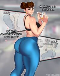 1girls 2021 ass big_ass big_butt blush bottomwear brown_eyes brown_hair bubble_ass bubble_butt chun-li clothing dialogue earrings female foxicube gym heart human large_breasts looking_back offscreen_character short_hair sports_bra sportswear street_fighter sweat text topwear twin_buns weightlifting weights white_skin yoga_pants rating:Questionable score:377 user:justausername