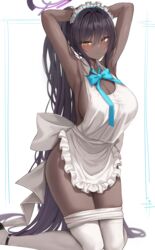 1girls apron big_breasts biya black_hair blue_archive blush breasts cleaning_&_clearing_(blue_archive) dark-skinned_female female female_only hair_between_eyes hands_behind_head high_heels highres karin_(blue_archive) large_breasts long_hair maid maid_headdress millennium_science_school_student naked_apron pantyhose ponytail white_pantyhose yellow_eyes rating:Questionable score:235 user:AutumnAlex