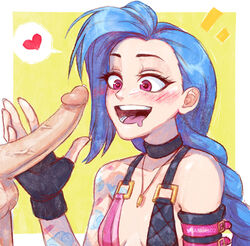 allen_skies02 artist_name balls bare_shoulders big_penis black_fingerless_gloves black_gloves blue_hair blush blushing bra bullet_necklace choker clothed clothed_female_nude_male collar collarbone drool drooling erect_penis erection female fingerless_gloves heart heart-shaped_pupils imminent_handjob jinx_(league_of_legends) league_of_legends looking_at_penis male open_mouth penis penis_awe pink_eyes red_eyes riot_games simple_background small_breasts tattoo tattoo_on_arm tattooed_arm tattoos very_long_hair yellow_background rating:Explicit score:363 user:LukeSkyLuke