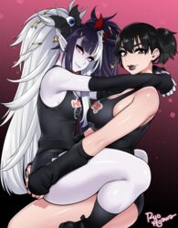 2girls black_hair black_lipstick brown_eyes draculita_(vtuber) embrace fangs female female_only fingerless_gloves gloves goth hair_decoration hands_on_ass hooters hooters_uniform large_breasts lipstick long_hair looking_at_viewer pale_skin pink_eyes pointy_ears real_person ryo_agawa side_ponytail sitting_on_lap smile susu_jpg swimsuit_succubus tank_top tied_hair twintails two_tone_hair vampire virtual_youtuber white_hair white_skin yuri rating:Questionable score:206 user:Zomdra