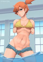 1girls abs blue_eyes blush denim denim_shorts kasumi_(pokemon) legs navel nintendo orange_hair partially_submerged pokemon pokemon_rgby ponytail red_hair shiny_skin shirt_lift shorts side_ponytail solo solo_focus toned underboob water zelc-face rating:Questionable score:116 user:Misty_lover