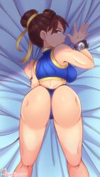 1girls artist_name ass brown_eyes brown_hair capcom cherrypix chun-li double_bun female hair_ribbon lips looking_back looking_to_the_side sideboob solo street_fighter street_fighter_alpha thong wristband rating:Questionable score:113 user:SleepieZee