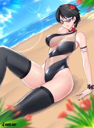 1girls bayonetta bayonetta_(character) bayonetta_2 beauty_mark black_hair blue_eyes breasts female flower flower_in_hair glasses kaos_art lingerie lipstick looking_at_viewer ocean one-piece_swimsuit outdoors outside sand short_hair sitting solo swimsuit thigh_highs thighhighs water white_skin rating:Questionable score:99 user:Redguy7