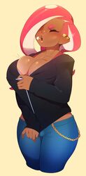 1futa absurdres bimbofication bra breasts bulge busty cleavage combos-n-doodles dark-skinned_futanari dark_skin futanari gold_chain highres hoodie huge_breasts nintendo octoling pants_bulge pointy_ears solo splatoon splatoon_2 tagme takoko_yakisoba_(combos_&_doodles) tentacle_hair voluptuous voluptuous_futanari zipper zipper_down zipper_pull_tab rating:Explicit score:267 user:justausername