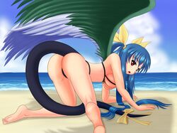 ass asymmetrical_wings barefoot beach bikini blue_hair blush bow breasts dizzy_(guilty_gear) feet guilty_gear hair_ribbon long_hair ocean open_mouth red_eyes ribbon shadow sideboob swimsuit tail tail_ribbon uizu wings wiz_(shadow) rating:Explicit score:2 user:bot