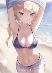 1girls armpits arms_up beach belly belly_button bikini blonde_hair blue_bikini blue_eyes blush breasts cleavage curvaceous curvy curvy_figure female female_only genshin_impact hi_res jean_gunnhildr large_breasts looking_at_viewer marinesnow micro_shorts open_fly ponytail shirt_lift shorts summer swimsuit undressing voluptuous rating:Questionable score:395 user:Monalicious