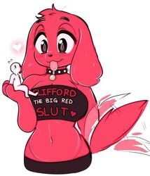 bigger_female blush canine clifford clifford_the_big_red_dog collar furry giantess heart looking_down macro raikissu red_fur rule_63 tailwag tongue_out rating:Questionable score:234 user:lightswitch4th