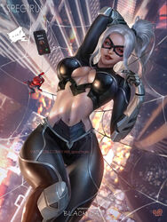 1boy 1boy1girl 1girls artist_name bare_midriff black_cat_(marvel) breasts busty cellphone cleavage cleavage_cutout clothed domino_mask felicia_hardy female hips hourglass_figure large_breasts light-skinned_female light_skin lips lipstick looking_at_viewer marvel mask midriff navel phone pinup ponytail smile spider-man spider-man_(ps4) spider-man_(series) straight_hair thick thick_thighs venom_(marvel) voluptuous watermark white_hair wide_hips yam_spectrum rating:Questionable score:502 user:ShadowPain