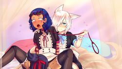 blue_hair brawlhalla cat_ears collar cunnilingus dress_lift femsub fishnets fully_clothed hattori_(brawlhalla) implied_cunnilingus implied_oral leash looking_at_viewer maid_uniform moaning queen_nai_(brawlhalla) submissive threesome yumiko_(brawlhalla) yuri rating:Explicit score:50 user:PussyLickingTorture