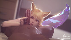 1boy 1girls ahri animal_ears big_penis blonde_hair cum cum_on_face cum_on_hair dark-skinned_male dark_skin female firolian holding_penis interracial k/da_ahri k/da_series league_of_legends looking_at_viewer male pov riot_games rating:Explicit score:150 user:BlackedCucky