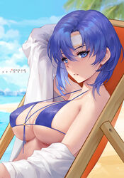 1girls arm_up azto_dio aztodio bangs beach beach_chair bikini blue_background blue_bikini blue_eyes blue_hair blue_sky blurry blurry_background breasts catria_(fire_emblem) cloud female female_only fire_emblem fire_emblem:_mystery_of_the_emblem fire_emblem:_shadow_dragon_and_the_blade_of_light hair_between_eyes headband highres large_breasts looking_at_viewer nintendo ocean on_chair outdoors parted_bangs parted_lips patreon_username shirt short_hair sitting sky solo swimsuit upper_body watermark white_headband white_shirt rating:Questionable score:132 user:kris923