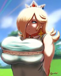 1girls 2021 alternate_breast_size arms_behind_back aroused artist_name awesomeerix blonde_hair blue_clothing blue_eyes breasts bursting_breasts bust_measuring clothed clothing cloud crown earrings female female_only grass hair_over_one_eye half-closed_eyes highres huge_breasts jewelry mario_(series) mario_golf measuring nintendo open_mouth outdoors princess_rosalina signature sky sleeveless sleeveless_shirt solo standing tank_top tape_measure tree watermark rating:Questionable score:111 user:Blookryynnn