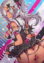 1girls ahoge ass back_view bangs bare_shoulders blush bottomless breasts censored cleavage cowboy_shot dark-skinned_female dark_jeanne dark_persona dark_skin demon_girl demon_wings dutch_angle ear_covers feather_hair_ornament feathers female female_focus female_only g-string garter_belt garter_straps granblue_fantasy hair_ornament heart heart_tattoo holding holding_clothes holding_panties holding_underwear jeanne_d'arc_(granblue_fantasy) lingerie long_hair looking_at_viewer looking_back looking_back_at_viewer mischievous_smile navel panties particles_(artist) pink_g-string pink_garter_belt pink_garter_straps playful ponytail presenting_panties red_eyes simple_background skirt skirt_lift solo stomach tajima_ryoushi tajima_ryuushi translation_request underwear wavy_mouth white_background white_hair wings rating:Explicit score:133 user:CalZone