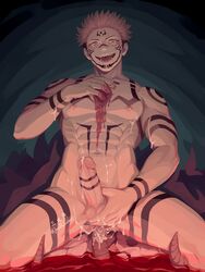 1boy abs blood blood_on_chest bodily_fluids cum cum_on_body face_markings genitals hand_on_penis joraffasalmon jujutsu_kaisen legs_apart looking_at_viewer male male_focus male_only nipples open_smile pecs penis penis_grab ryoumen_sukuna_(jujutsu_kaisen) smile solo solo_focus solo_male rating:Explicit score:126 user:deleted7703