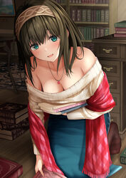 1girls :d aqua_eyes bangs bare_shoulders black_legwear blue_skirt blush book book_stack bookshelf breasts brown_hair brown_hairband carpet cleavage clothing collarbone commentary_request desk down_blouse eyebrows_visible_through_hair female full_body hairband hanging_breasts highres holding holding_book idolmaster idolmaster_cinderella_girls indoors kneeling leaning_forward long_hair long_skirt long_sleeves medium_breasts monaka_curl no_shoes oerba_yun_fang off-shoulder_sweater off_shoulder on_floor open_mouth pantyhose plaid sagisawa_fumika shawl shirt skin_fang skirt smile solo sweater white_sweater wooden_floor rating:Questionable score:58 user:JJA122