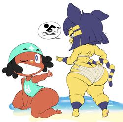 1boy 1girls animal_crossing ankha ass_cleavage big_ass black_hair blue_eyes blue_hair butt_crack cushion_(purple_yoshi_draws) dark-skinned_male egyptian feline female male nintendo one-piece_swimsuit purple_yoshi_draws shortstack simple_background striped_tail tagme tail thick_thighs tight_clothing yellow_skin rating:Questionable score:102 user:DeadSpy6