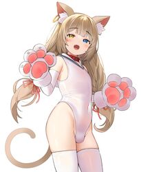 1boy :d absurdres animal_ear_fluff animal_ears bangs belt_collar blonde_hair blue_eyes blush bulge cat_boy cat_ears cat_paws cat_tail catboy collar competition_swimsuit covered_navel crossdressing crossdressing_male cute_fang elbow_gloves eyebrows_visible_through_hair femboy feminine_male flat_chest girly gloves heterochromia highres leotard long_hair looking_at_viewer low_twintails male male_focus male_only meettheton oerba_yun_fang one-piece_swimsuit open_mouth original otoko_no_ko paw_gloves paws sailor_collar simple_background solo standing swimsuit tail thighhighs trap twintails white_background white_legwear white_swimsuit yellow_eyes rating:Questionable score:401 user:deliuma