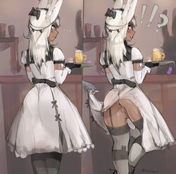 1boy animal_ears ass balls bar_maid blush bunny_ears crossdressing dark-skinned_femboy dark-skinned_male dark_skin dress dress_lift femboy girly gloves humanoid long_hair looking_back male male_only nelewdy nelody orange_eyes original_character penis standing surprised testicles thick_thighs thighhighs thighs trap waitress white_hair rating:Explicit score:564 user:Bikuta69