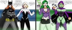 2girls ass_expansion barbara_gordon batgirl batman_(series) before_and_after blonde_hair brainwashing breast_expansion dc dc_comics eye_color_change eyebrow_piercing green_goblin gwen_stacy hair_color_change identity_death joker large_breasts lips marvel navel personality_change polmanning skin_color_change spider-gwen thighs rating:Questionable score:68 user:meriko