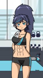 abs alternate_version_available bandage_on_face big_breasts blue_eyes blush blush_stickers bottle curvy curvy_figure cute dark_blue_hair female gym gym_clothes gym_shorts hand_behind_back hand_on_hip huge_breasts kim_han_yi_(writers_crusaders) legs looking_at_viewer original_character ponytail shorts smile smiling solo_female sports_bra tall_female thick_thighs thighs towel towel_on_shoulder wcjuan writers_crusaders yoga_mat rating:Safe score:20 user:WCJuan