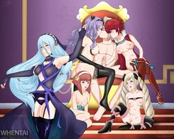 5girls after_fellatio after_oral alternate_costume azura_(fire_emblem) azura_(performing_arts)_(fire_emblem) bare_thighs black_panties blonde_hair blue_hair blue_panties boots camilla_(fire_emblem) chain_leash chains corrin_(fire_emblem) corrin_(fire_emblem)_(male) cousins cum cum_in_mouth cum_on_face cum_on_hand cum_on_penis cum_on_tongue dancer dancing elbow_gloves elise_(fire_emblem) expressionless femsub ffm_threesome fingerless_gloves fire_emblem fire_emblem_fates garter_belt gloves hair_between_eyes handjob harem hinoka_(fire_emblem) kissing large_breasts leash linked_nipples long_hair maledom medium_breasts medium_hair multiple_girls multiple_subs mysterious_dancer naked_boots naked_footwear nintendo nipple_piercing nipple_rings nipple_sleeves nipples nude nude_female open_clothes open_mouth open_shirt panties piercing pink_eyes purple_hair pussy red_eyes red_hair revealing_clothes sakura_(fire_emblem) see-through short_hair sisters skimpy skimpy_clothes slave small_breasts stepbrother_and_stepsister thighhighs threesome throne throne_room throne_sex twintails very_long_hair wavy_hair xeladuart yellow_eyes rating:Explicit score:73 user:kris923