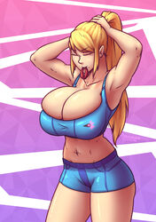 1girls 2021 blonde_hair booty_shorts breasts cleavage closed_eyes female female_only huge_breasts long_hair metroid mole mole_under_mouth nintendo overflowing_breasts ponytail pressurizedpleasure samus_aran solo sports_bra tight_clothing tying_hair white_skin rating:Questionable score:101 user:justausername