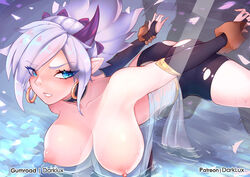 1boy 1girls areolae big_breasts black_pants blue_eyes blush breasts darklux earrings female female_focus from_behind hair_ornament horns league_of_legends looking_back nipples ripped_clothing ripped_pants riven spirit_blossom_riven spirit_blossom_series white_hair rating:Explicit score:106 user:hornydude0321