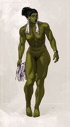 1girls apple_watch barefoot dima_ivanov feet full_body green_skin marvel muscular muscular_female nude pubes she-hulk small_breasts sneakers solo standing toes towel rating:Explicit score:139 user:robotika4