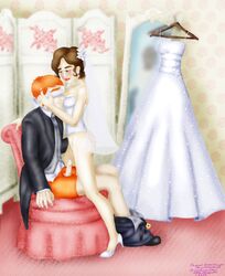 1boy 1girls blindfold bride erection female groom harry_potter hermione_granger hollyboo2001 male ron_weasley wedding wedding_dress rating:Explicit score:5 user:bot