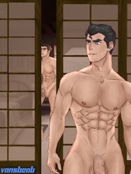 2boys avatar_the_last_airbender bara big_balls big_penis bolin dark_hair gay green_eyes mako male male_only masturbation muscular muscular_male nude pubic_hair smooth_skin spying the_legend_of_korra vansbeab voyeur yaoi rating:Explicit score:57 user:vansbeab