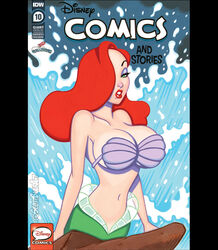 1girls ariel_(cosplay) bikini_top breasts cleavage comic_cover cosplay crossover disney eyeshadow female female_only green_eyes hair_over_one_eye half-closed_eyes hourglass_figure huge_breasts jessica_rabbit lipstick long_hair mermaid one_eye_covered red_hair scott_blair shell_bikini solo the_little_mermaid water watermark who_framed_roger_rabbit rating:Safe score:66 user:Ruff23