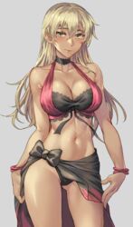 1girls absurdres alternate_costume bikini black_bikini blonde_hair blush breasts cleavage commission cosplay dark-skinned_female dark_skin dorothea_arnault_(cosplay) dorothea_arnault_(summer)_(cosplay) female fire_emblem fire_emblem:_the_binding_blade highres igrene_(fire_emblem) kokuzou large_breasts long_hair looking_at_viewer mole mole_under_eye nintendo sarong sarong_aside skeb_commission smile solo solo_female swimsuit yellow_eyes rating:Questionable score:174 user:kris923