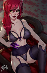 1girls areolae black_lingerie black_stockings blush bra breasts cameltoe feathers female female_only g-string garter_belt garter_straps large_breasts league_of_legends lingerie lipstick looking_at_viewer panties pussy red_hair redhead riot_games see-through sheer sitting solo solo_female stockings thighhighs xayah xinaelle yellow_eyes rating:Explicit score:79 user:SluttyTrapButt