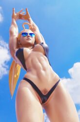 1girls 3d abs arms_above_head aviator_sunglasses big_breasts bikini blender blonde_hair blue-tinted_eyewear blue_sky breasts cameltoe cammy_white erect_nipples female female_only large_breasts lynya muscles muscular muscular_female nipples nipples_visible_through_clothing outside ponytail pubic_hair pubic_hair_peek pussy solo street_fighter stretching sunglasses tied_hair tinted_eyewear wet_skin rating:Explicit score:253 user:justausername