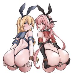 2021 2boys androgynous armwear ass ass_cleavage ass_focus astolfo_(fate) bare_shoulders big_ass black_armwear blonde_hair blue_eyes blush bunny_ears butt_crack cosplay crossover crossplay cuffs dat_ass fake_animal_ears fate/grand_order fate_(series) femboy girly hair_ribbon kantai_collection lamsass leotard long_hair looking_at_viewer looking_back male male_focus male_only pink_eyes pink_hair presenting presenting_ass restrained shimakaze_(kantai_collection) simple_background thick_thighs thong trap twintails white_armwear white_background rating:Questionable score:510 user:Bikuta69