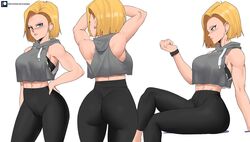 1girls android_18 ass big_ass big_breasts blonde_hair blue_eyes breasts busty curvy dragon_ball dragon_ball_z echosaber female female_focus female_only fully_clothed hourglass_figure milf muscular_female pose posing short_hair solo tight_pants wide_hips yoga_pants rating:Safe score:547 user:rohald