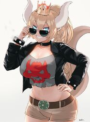 1girls adjusting_eyewear adjusting_glasses aviator_sunglasses belt big_breasts blonde_hair blue_eyes bowsette breasts cleavage dragon_tail ehrrr female female_only hi_res hips horns huge_breasts large_breasts looking_at_viewer looking_over_eyewear looking_over_glasses looking_over_sunglasses mario_(series) midriff monster_girl new_super_mario_bros._u_deluxe open_jacket pointy_ears ponytail sharp_teeth shirt shorts signature solo solo_female sunglasses super_crown tagme thick thick_thighs thighs tinted_eyewear wide_hips rating:Safe score:213 user:nobodyyet