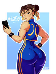 1girls ass big_ass brown_hair cellphone chun-li clothed female female_only hand_on_hip looking_at_viewer looking_back muscular_arms muscular_female parted_lips skin_tight solo street_fighter text thick_thighs tight_clothing zeshgolden rating:Questionable score:150 user:Zomdra