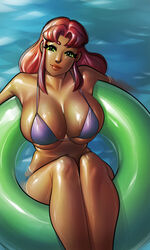 1girls big_breasts bikini bikini_top dc dc_comics female female_focus female_only flotation_device green_eyes huge_breasts long_hair looking_at_viewer mostly_nude partially_submerged ph simple_background solo solo_female solo_focus starfire teen_titans thick_thighs water wide_hips rating:Explicit score:172 user:GaspinJojo