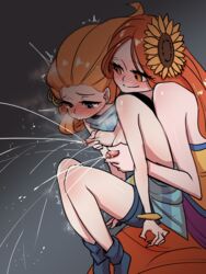 2girls blush breast_milk breasts embarrassed female female_only flower flower_in_hair heterochromia lactation league_of_legends leona_(league_of_legends) milking nipple_pinch nipples orange_hair partially_clothed smile tears twitching yabby yuri zoe_(league_of_legends) rating:Explicit score:278 user:ZiidroC