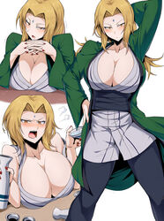 1girls alcohol angry arm_behind_head big_breasts black_pants blonde_hair blush bottle breast_rest breasts breasts_on_table brown_eyes busty choko_(cup) cleavage clothed_female collarbone colored_nails cup curvy desk drunk facial_mark female female_only forehead_jewel forehead_mark green_jacket haori highres holding_object huge_breasts intoxicated jacket japanese_clothes kimono large_breasts light-skinned_female light_skin lipstick long_hair makeup mature mature_female multiple_views nail_polish naruto naruto_(classic) naruto_(series) naruto_shippuden no_bra off_shoulder pale-skinned_female pale_skin pants red_nails sake sake_bottle shounen_jump simple_background solo solo_female solo_focus suzusiigasuki table tsunade white_background rating:Safe score:382 user:UnrealHarbor